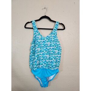 Lands End Women's Blue Green Tropical Floral One Piece Swimsuit Size Small‎